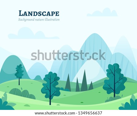 Nature park or forest outdoor background with mountains. Flat cartoon style vector illustration.
