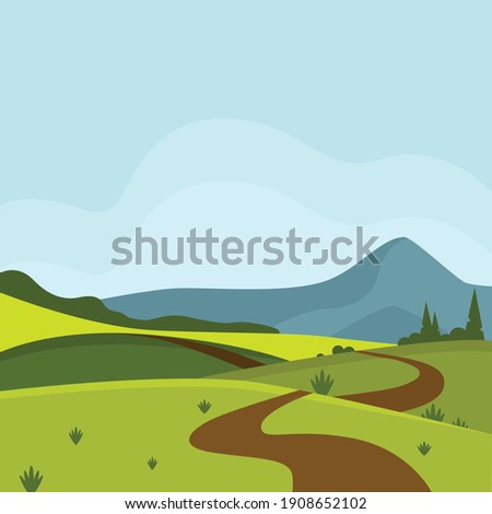 Nature park or forest outdoor background with mountains. Flat cartoon style vector illustration.