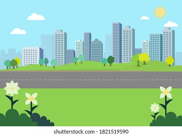 Nature park landscape with city background.Natural scene with Pathway.Road with building and sky background.City scape with nature view.Vector illustration