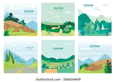 Nature park with 
the mountains,trees,
hills and 
roads.Flat cartoon style vector illustration.