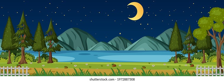Nature park at night time horizontal scene illustration