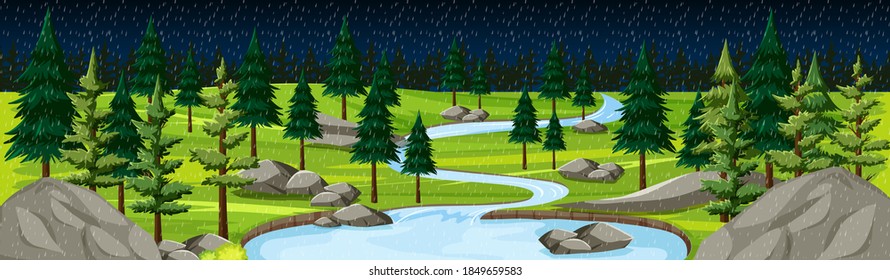 Nature park with river landscape panorama at night scene illustration