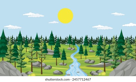 Parque de la Naturaleza con la ilustración de paisaje del lado del río