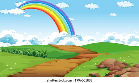 Fondo de la escena del parque natural con arco iris en la ilustración del cielo