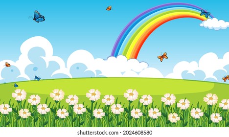 Nature park scene background with rainbow in the sky illustration