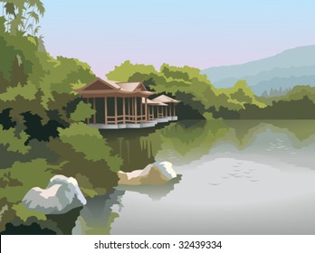 Nature park scenery in spring, pagoda on the lake shore