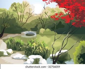 Nature park scenery in spring, small bridge on the pond, China, photo-realistic vector illustration