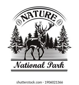 Nature and park symbol design. Monochrome element with reindeer in forest, landscape vector illustration with text. National park concept for stamps and emblems templates