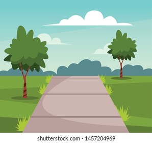 Nature park with trees and path scenery at sunny day cartoon vector illustration graphic design