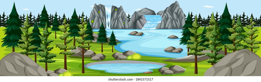 Nature park with waterfall landscape panorama scene illustration
