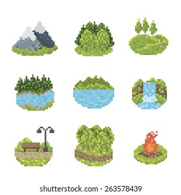 Nature And Parks Pixel Art Icon Set