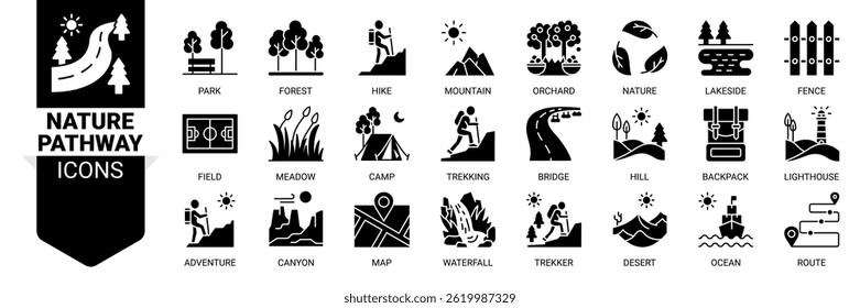 Nature pathway icon set. Vector illustration concept with icon of park, forest, mountain, orchard, nature, lakeside, fence, camp, adventure and more. Solid icons vector symbol background collection.