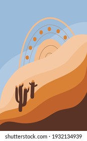 Nature pattern. Abstract landscape, sky, sands, cactus, style of minimalist , hand drawn. Use for packaging, wallpaper, design for textiles, postcard, concept, clipart, vector illustration.