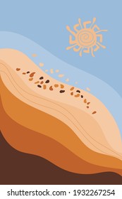 Nature pattern. Abstract landscape, sky, sands, sun , style of minimalist , hand drawn. Use for packaging, wallpaper, design for textiles, postcard, concept, clipart, vector illustration.