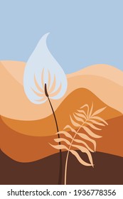 Patrón natural. Resumen paisaje, cielo, arenas, planta, estilo minimalista , dibujado a mano. Uso para embalaje, papel pintado, diseño para textiles, postales, concepto, clipart, ilustración vectorial.