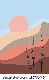 Patrón natural. Resumen paisaje, cielo, arenas, planta, estilo minimalista , dibujado a mano. Uso para embalaje, papel pintado, diseño para textiles, postales, concepto, clipart, ilustración vectorial.