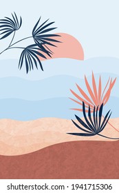 Patrón natural. Resumen del paisaje marino, cielo, arena, hojas de palma, estilo minimalista, dibujado a mano. Uso para embalaje, papel pintado, diseño para textiles, postales, concepto, clipart, ilustración vectorial.