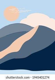 Nature pattern. Abstract seascape, sky, mountains, river, sun,  style of minimalist , hand drawn. Use for packaging, wallpaper, design for textiles, postcard, concept, clipart, vector illustration.