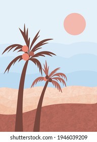 Nature pattern. Abstract seascape, sky, sea, river, palm trees,  style of minimalist , hand drawn. Use for packaging, wallpaper, design for textiles, postcard, concept, clipart, vector illustration.