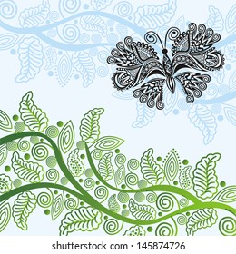 Nature pattern background branch leaves sky butterfly vector illustration
