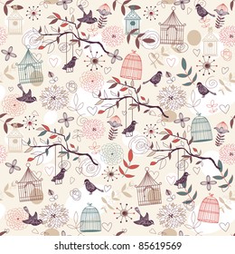 Nature Pattern with birds, birdcages, plants, flowers. Vector.