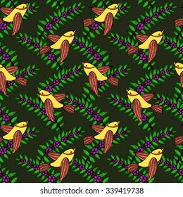 Nature Pattern with birds, flowers. Vector.