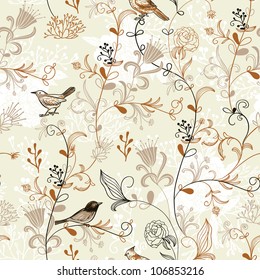 Nature Pattern with birds. Seamless pattern.