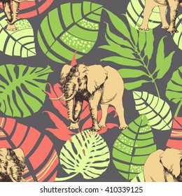 Nature pattern, exotic jungle leaves and elephant