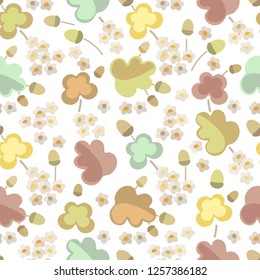 Nature pattern. Floral seamless print for design background, paper, texture, wrapping, wallpaper. Oak leafs and flowers.