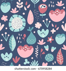 Nature pattern with flowers and plants. Cartoon modern illustration. Seamless background. Flat design. Isolated 