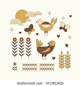 Nature pattern, gardening. Birds, butterfly, flowers, drawing on a white background, abstract, hand drawn, packaging, wallpaper, design for textiles, postcard, concept, clipart, vector illustration.