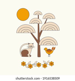 Nature pattern, gardening. Cat, bird,  flowers, drawing on a white background, abstract, hand drawn, packaging, wallpaper, design for textiles, postcard, concept, clipart, vector illustration.