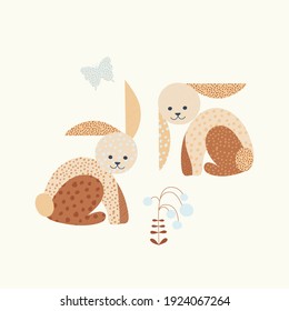 Nature pattern, gardening. Hares, flowers, drawing on a white background, texture, abstract, hand drawn, packaging, wallpaper, design for textiles, postcard, concept, clipart, vector illustration.