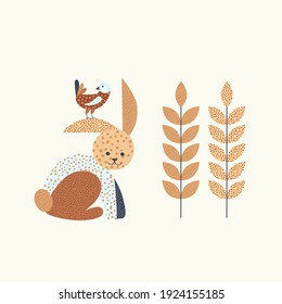 Nature pattern, gardening. Hares, flowers, texture drawing on a white background, folk art, hand drawn, packaging, wallpaper, design for textiles, postcard, concept, clipart, vector illustration.