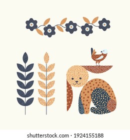 Nature pattern, gardening. Hares, flowers, texture drawing on a white background, folk art, hand drawn, packaging, wallpaper, design for textiles, postcard, concept, clipart, vector illustration.