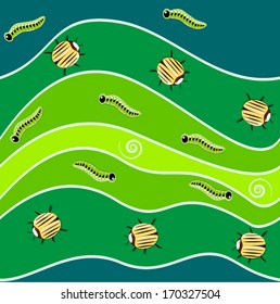 Nature pattern. Green and blue wavy diagonal stripes with cute yellow bugs, green caterpillar and spirals. Fabric, wallpaper, pattern fills, web page background,surface texture.