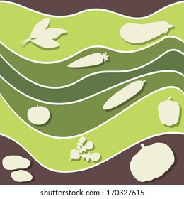 Nature pattern. Green and brown wavy diagonal stripes with vegetables. Fabric, wallpaper, pattern fills, web page background,surface texture.