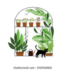 Nature pattern, greenhouse, gardening. Fence, flowers, drawing on a white background, abstract, hand drawn, packaging, concept, postcard, clipart, wallpaper, design for textiles, vector illustration.