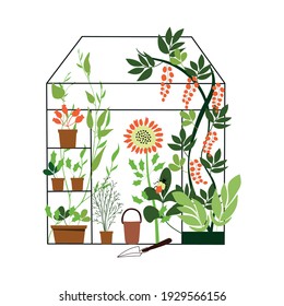 Nature pattern, greenhouse, gardening. Fence, flowers, drawing on a white background, abstract, hand drawn, packaging, concept, postcard, clipart, wallpaper, design for textiles, vector illustration.