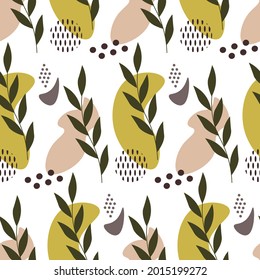 Nature pattern on a white background. Pattern with abstract spots and leaves. Vector illustration. Template for use in design paper, covers, fabrics, interior decor and other users. 