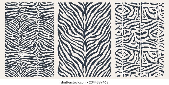 Nature Pattern. Organic Texture. Animal Background. Stripes Texture. Indigo Blue Color. Exotic Tiger Print. Safari Stylish Pattern. Savannah Fashion. Zebra Pattern, Animal Print. Fabric and Text