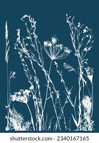 Naturmuster. Organische Textur. Blumenschmuck. Stoffdruck und Stoffdruck. Kräuter stempeln auf Indigoblau Hintergrund. Tintenzeichnung Überdruck. Botanischer Garten Stempel.