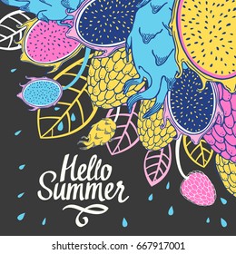 Nature pattern with sketch of fruit. Pink, blue and yellow vector illustration of pitaya on black background. Tropical food. Hello summer.