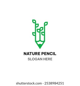 Plantilla de logotipo de lápiz de Naturaleza en estilo de línea simple. Lápiz y Ilustración vectorial de árbol