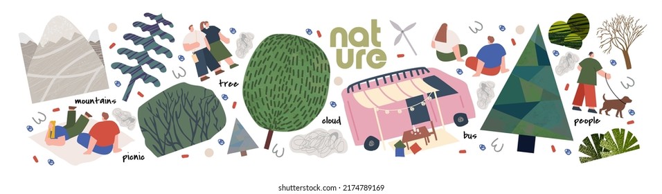 Nature And People Walking In The Park At A Picnic. Vector Illustrations Of Trees, Bush, Fir Tree, Mountain, Bushes, Picnic Van And People