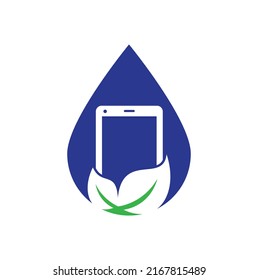 Nature phone drop shape concept vector logo template. mobile phone with leaf sign logo design.