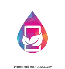Nature phone drop shape concept vector logo template. mobile phone with leaf sign logo design.