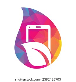 Nature phone drop shape concept vector logo template. mobile phone with leaf sign logo design.