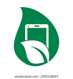 Plantilla de logotipo vectorial de concepto de forma de caída de teléfono natural. teléfono móvil con diseño de logotipo de señas hoja.