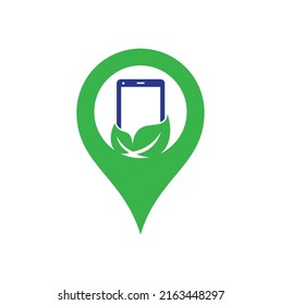 Nature phone gps shape concept vector logo template. mobile phone with leaf sign logo design.	